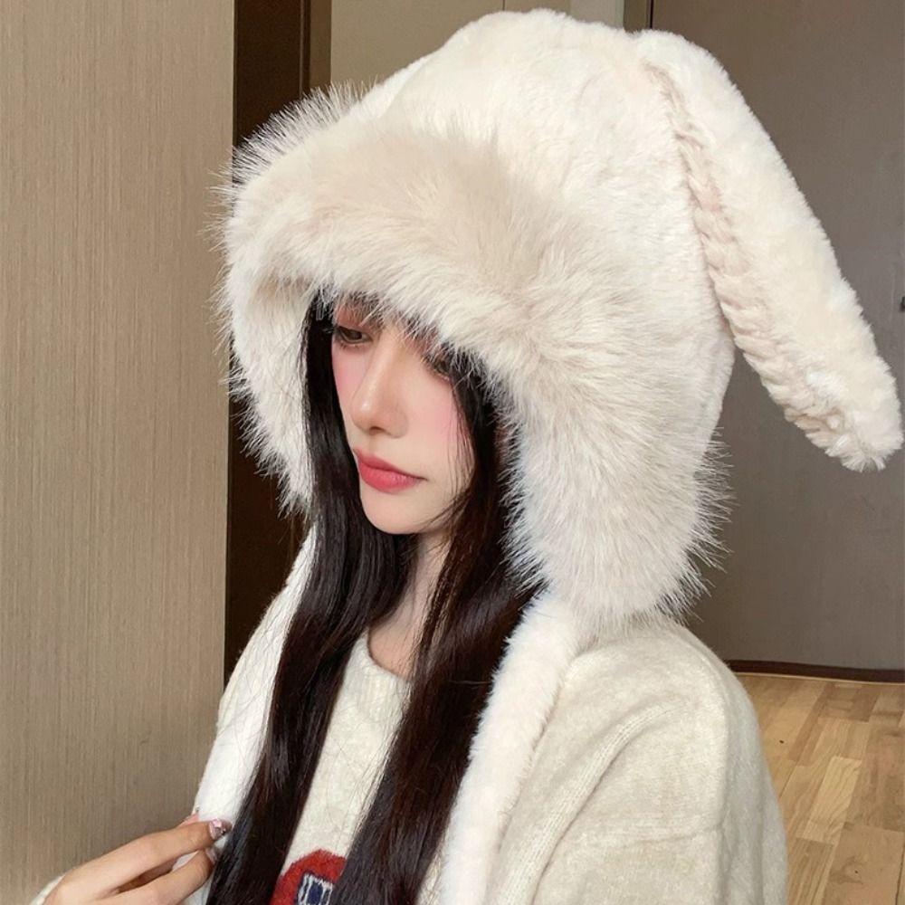Cute Big Rabbit Ears Hat Warm Bucket Hat New Plush Ear Protection Hat Women