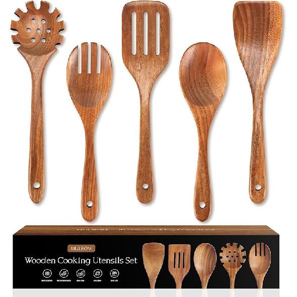 5 PCS Wooden Spoons for Cooking Natural Teak Kitchen Utensils Set Smooth Non-Stick Surface Cooking Utensils Set Soft Comfort-Grip Wooden Spatula Set