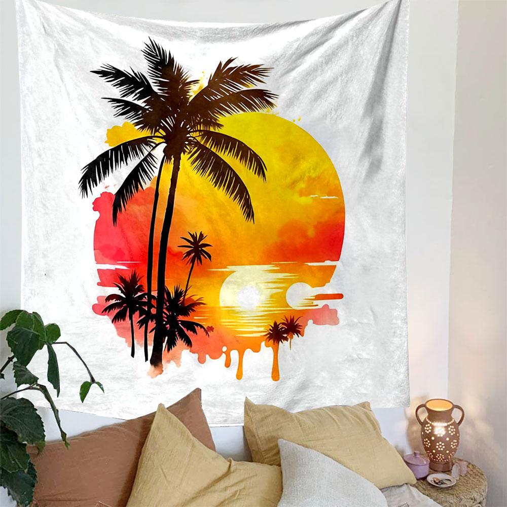Tropical Sunset with Palm Trees Patterned Tapestry Decorative Wall Hanging, Home Bedroom Living Room Decor