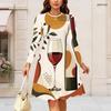 Women Plus Size Round Neck Long Sleeve Midi Dress Abstract Wine Bottle Glass Fruit Leaf Print High Waist Swing Dress