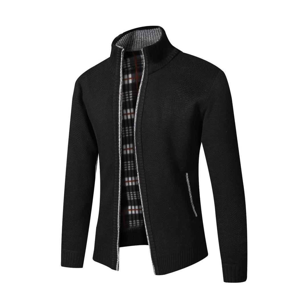 Chunky Knit Fleece-Lined Zipper Cardigan: Stand Collar Winter Sweater