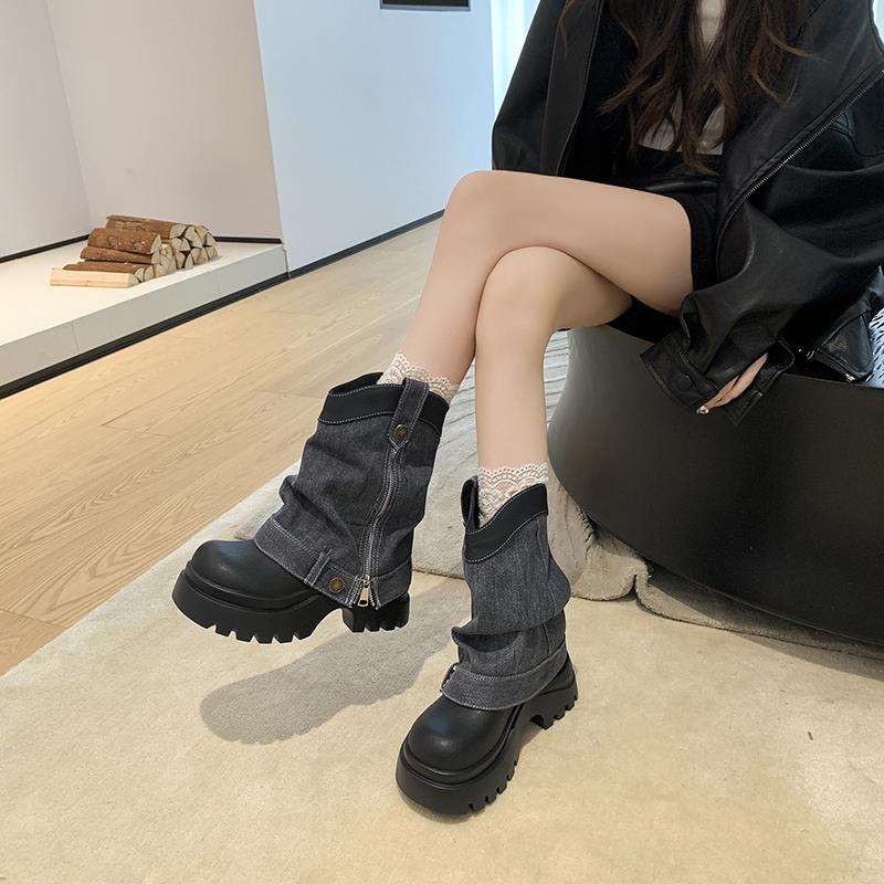 

Fashion Design Sense Trouser Leaf Boots Women s 2025 Autumn New Platform Mid-Leg Boots 40 чёрный