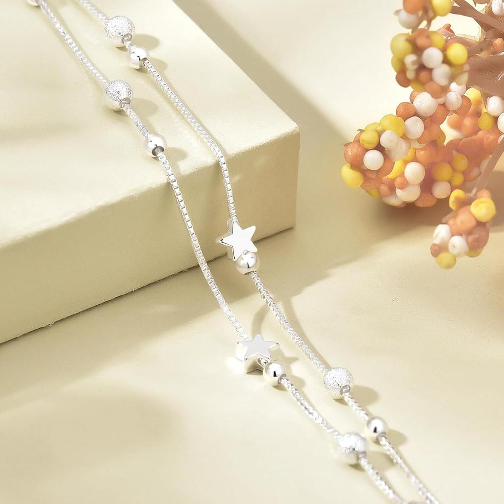 925 Sterling Silver Layered Heart Beaded Bracelets for Women and Teens | Fashion Link Chain Bracelet | Great Jewelry Gift