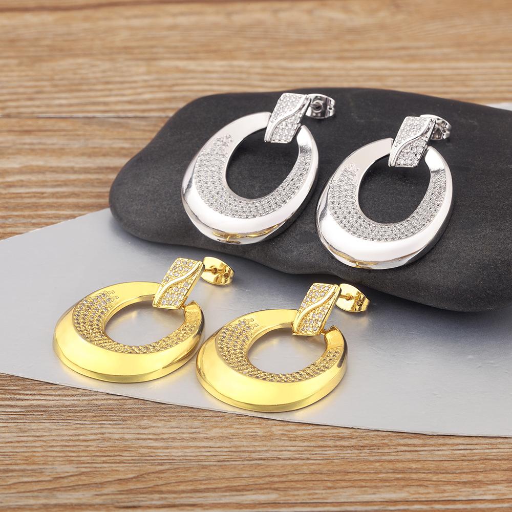 Nidin New Arrival Trendy Round Shape Hollow Design Charm Earrings For Women Inlaid Shiny Crystal Zircon Ear Jewelry Accessories