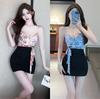 One-word Shoulder Sexy Mesh Printing Splicing Cotton Elastic Suspender Backing Slim Hip Skirt Short Dress