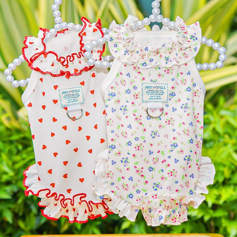 Sommer Haustier Hund und Katze Bekleidungszubehör, florales Prinzessinnenkleid, dünner Stil mit transparenten und gerollten Kanten
