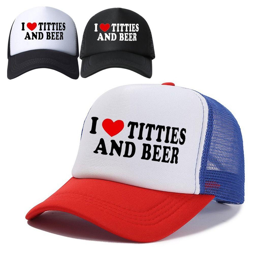 Stampa Lettere I Love Titties And Beer Cappelli Regolabile Traspirante Rete Cappellino da Baseball Hip-hop Rete Cappello da Camionista