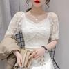 Women’s Summer Slim Fit One-Shoulder Lace Embroidery Chiffon Top with Mesh Puff Sleeves