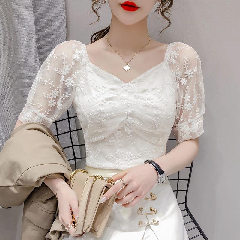 Women’s Summer Slim Fit One-Shoulder Lace Embroidery Chiffon Top with Mesh Puff Sleeves