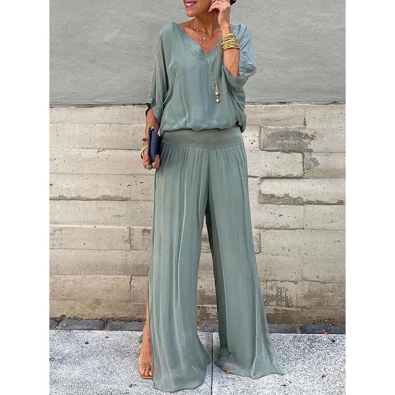 Women's Sexy V-neck Short Sleeved Top And Wide Leg Pants Sets Summer Chiffon Casual Outfits Casual Loose Street Two Piece Sets