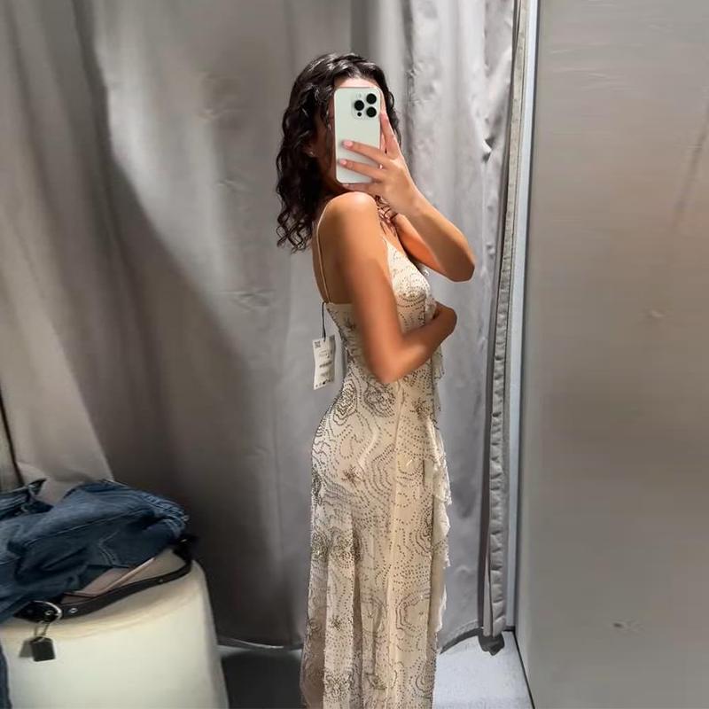 Mesh Sling Dress Women V-neck Diamonds Ruffles Long Dresses Female Backless Sleeveless Spring Summer Casual Lady Holiday Dress