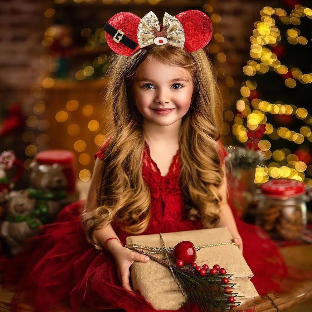 Cute Sequin Christmas Headband Soft Bow DIY Mouse Ears Headband Xmas Tree Hairband New Year