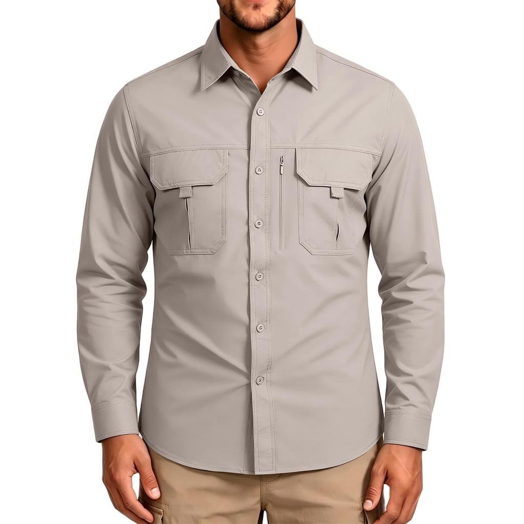 Men's Vintage Loose Fit Casual Work Shirt Long Sleeve Button Down Outdoor Utility Shirt with Multiple Pockets and Durable Fabric
