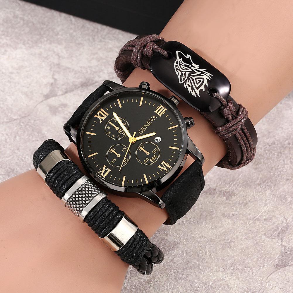 Luxury Men's Sports Casual 3Pcs/Set Quartz Wrist Watch Bracelet Business Fashion Jewelry Gift Alloy Case Leather Glass