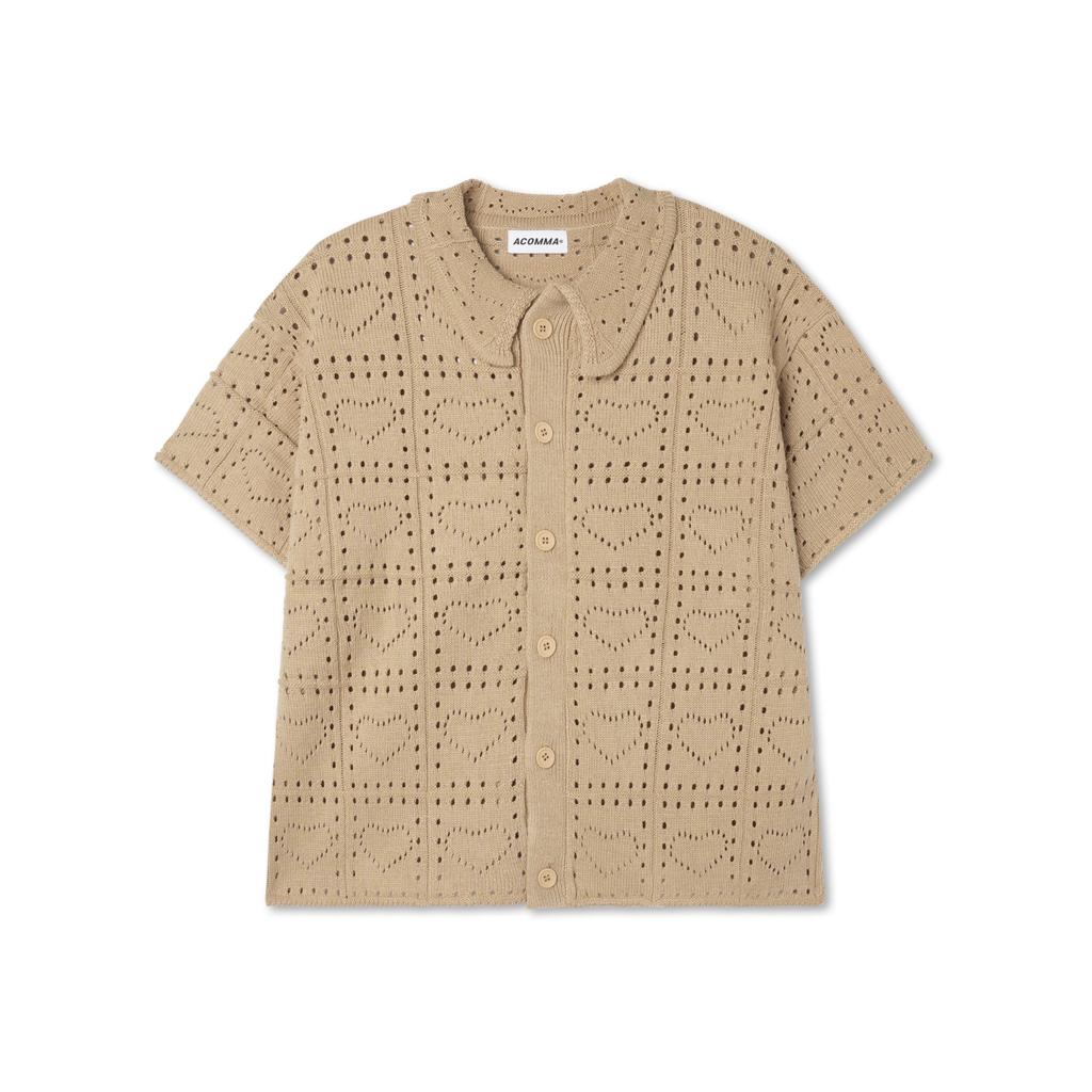 Apostrophe Comma Heart Punched Collar Short Sleeve Cardigan_Black