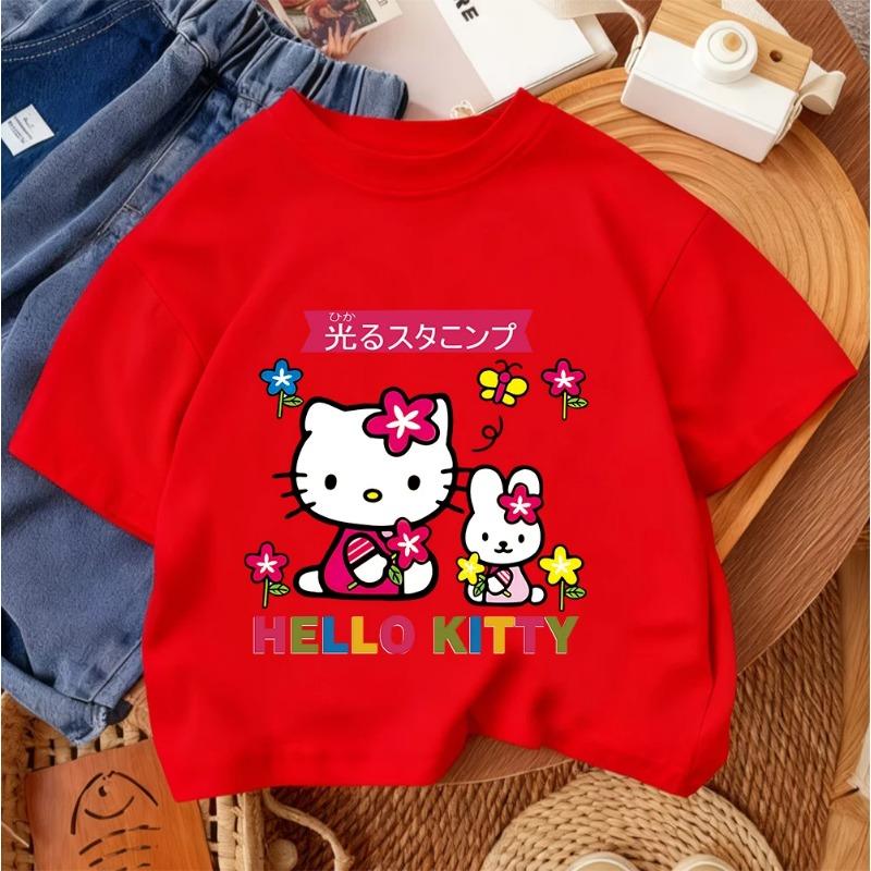 Cute Kawaii Kids Crew Neck T Shirt Hello Kitty For Boys Girls Summer Outdoor Fashion Casual Outfit 3-14 Age 110