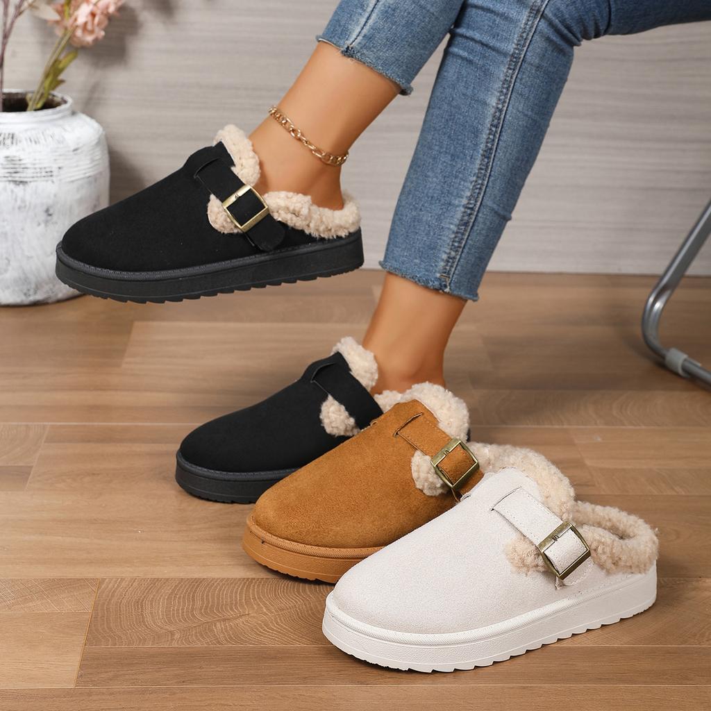 Fashion Women Brown Suede Closed Toe Mule Slippers Lined Buckle Strap Platform Winter Warm Comfortable Casual Slip on Shoes for women