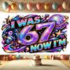 Retro-Futuristic Disco Banner with Holographic Numeral 67 Slogan, Holographic Numerals, Cosmic Patterns and Starbursts, Suitable for