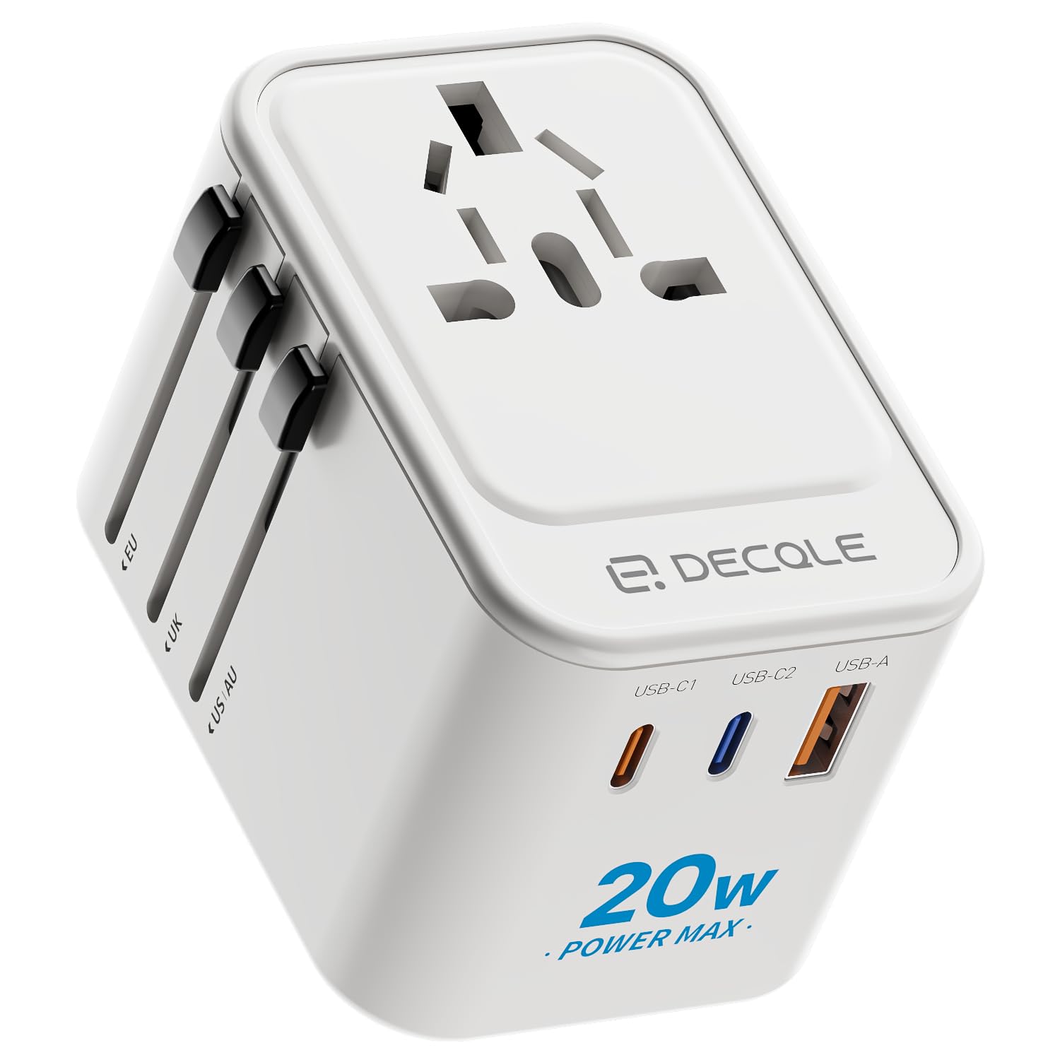 

decqle Overseas Conversion Plug Outlet Multi Conversion Plug 2 1 Port Compatible with Worldwide with Countries such as White USB-C (PD 20W) & USB-A білий