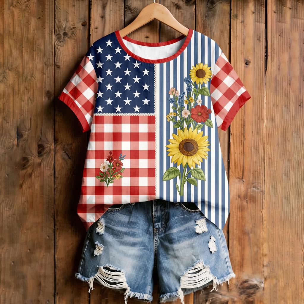 Women's American Floral Patchwork Print Casual T-Shirt 250Th Anniversary USA Shirt Patriotic Tshirt