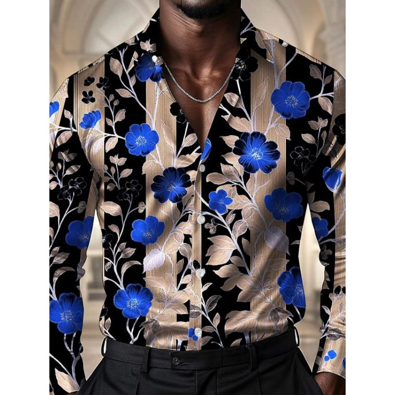 Men's Floral Print Long Sleeve Shirt Fashion Casual Slim Fit Trendy Blue Flower Pattern Dress Shirt for Party Daily Wear