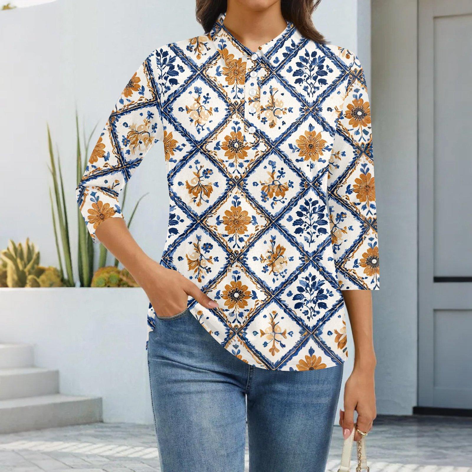 

Женская модная повседневная рубашка с лацканами и рукавом 3/4 с принтом, женские топы на пуговицах L