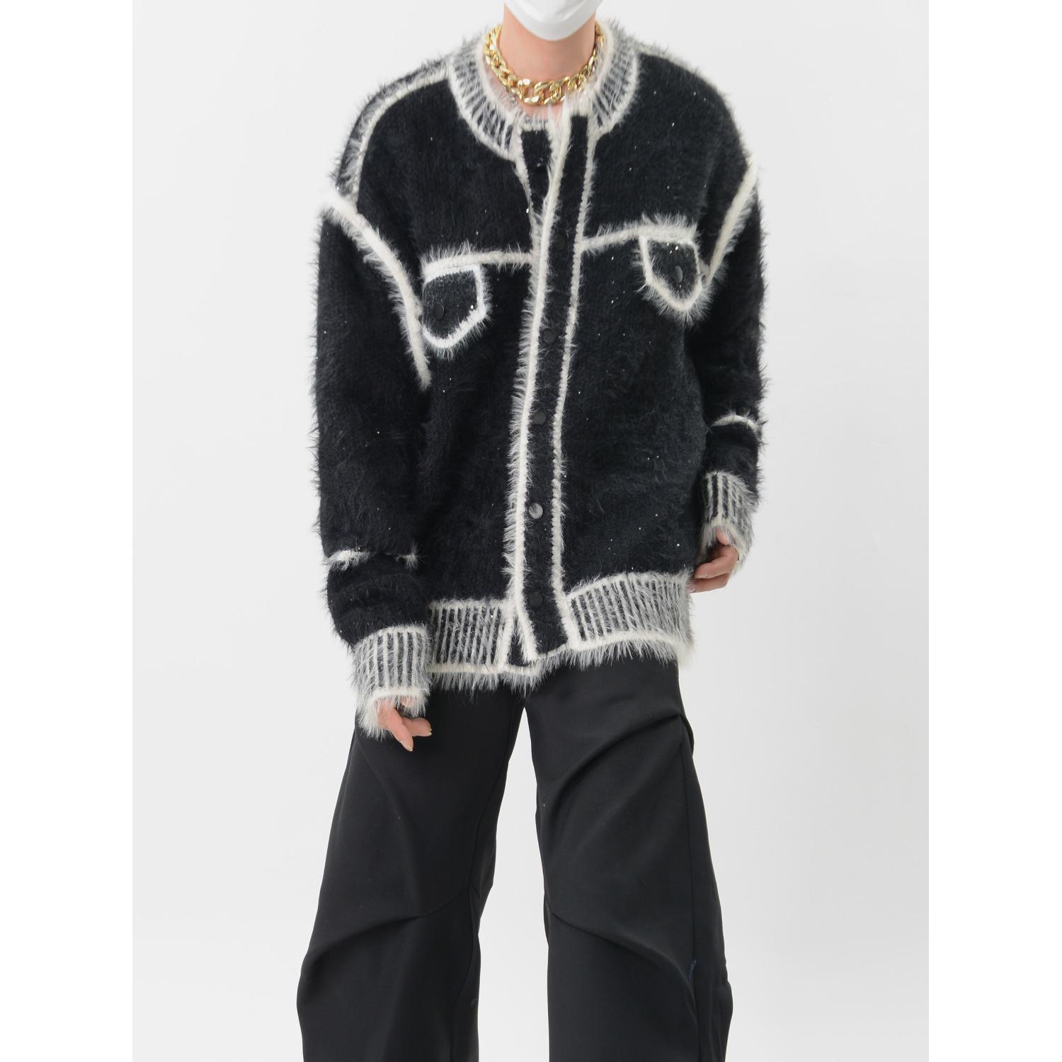 

2025 Unisex Street Style Fluffy Fleece Knitwear Jacket, Autumn/Winter Trendy Loose Casual Fit L чорний