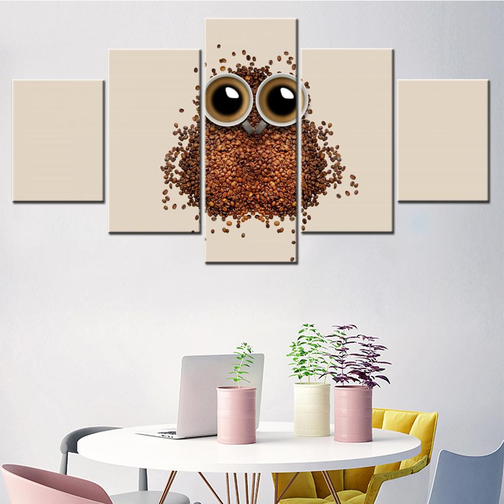 

5 Pieces Canvas Wall Arts Poster Paitnign Cute Coffee Beans Owl Wallpaper Home Decor Picture Printing Living Room Mural Artwork 20X35 20X45 20X55CM