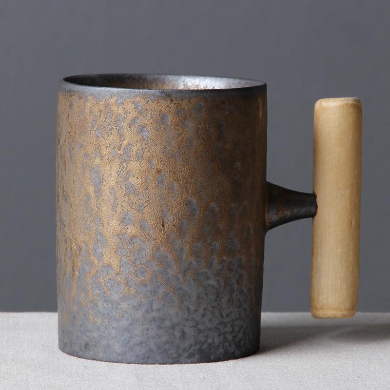 Japanese-style Retro Vintage Ceramic Manual Coffee Mug With Wooden Handle Tumbler Rust Glaze Tea Milk Beer Cup Home Drinkware