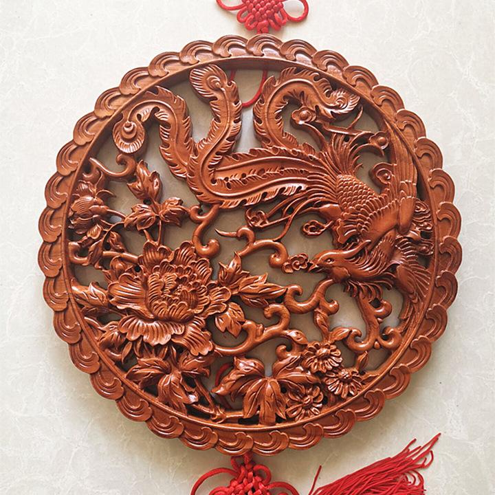 Peach Wood Peony Phoenix Feng Shui Pendant: Soaring Phoenix with Peony Vermilion Bird Ornament for Auspiciousness
