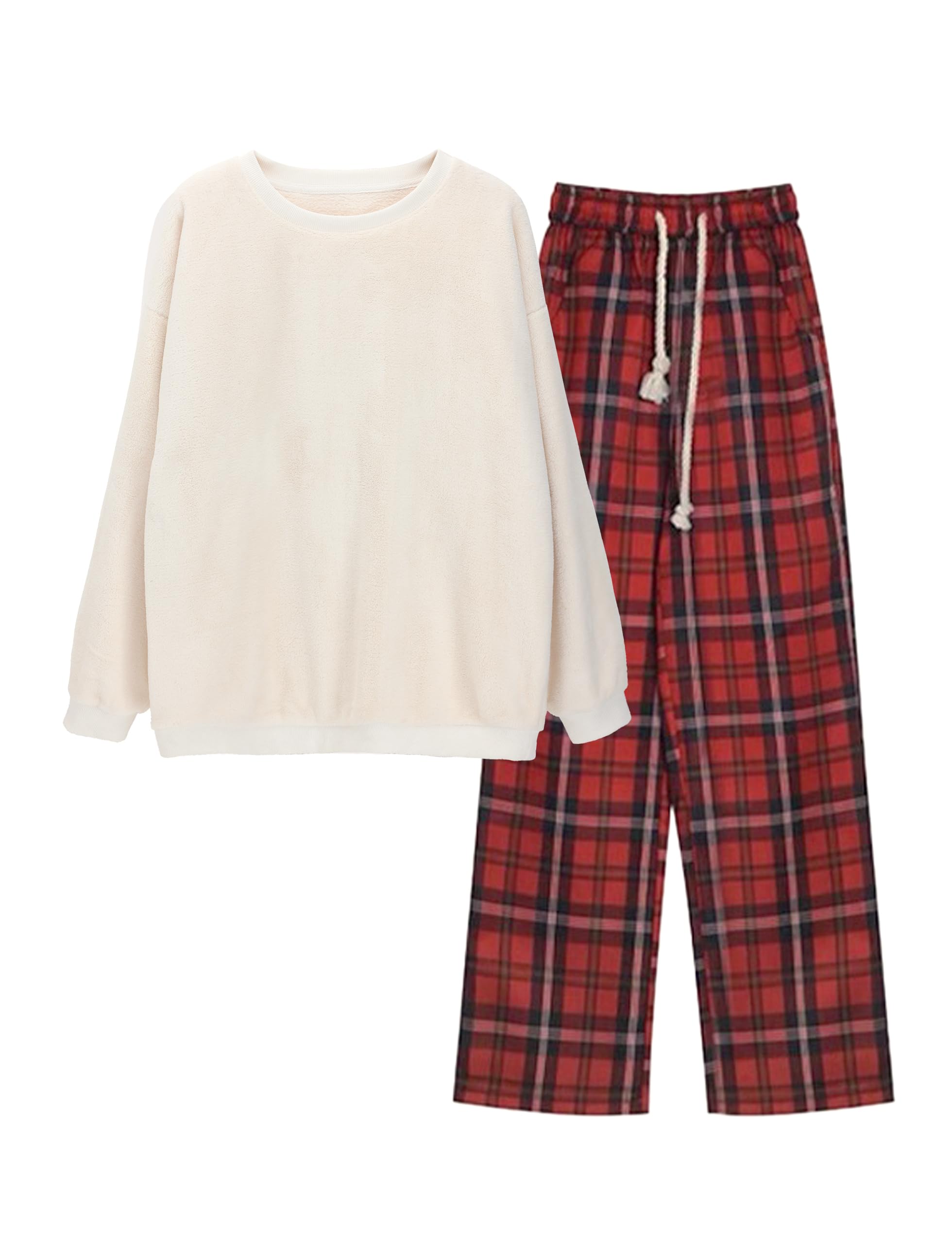 

MiniZaru Loungewear Checkered Long Plus Sizes and Bottom White Size Pajamas, Fluffy, Unisex, Warm, Autumn/Winter Set, Pattern, Sleeves, Cute,