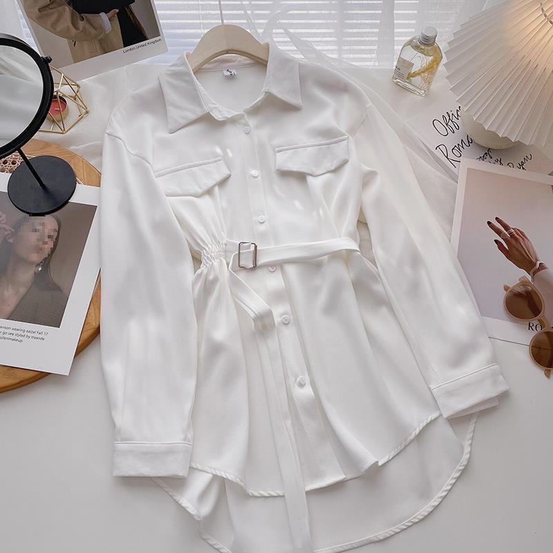 Women's Winter Mid-Length Korean Design Tie-up Long-Sleeved Shirt