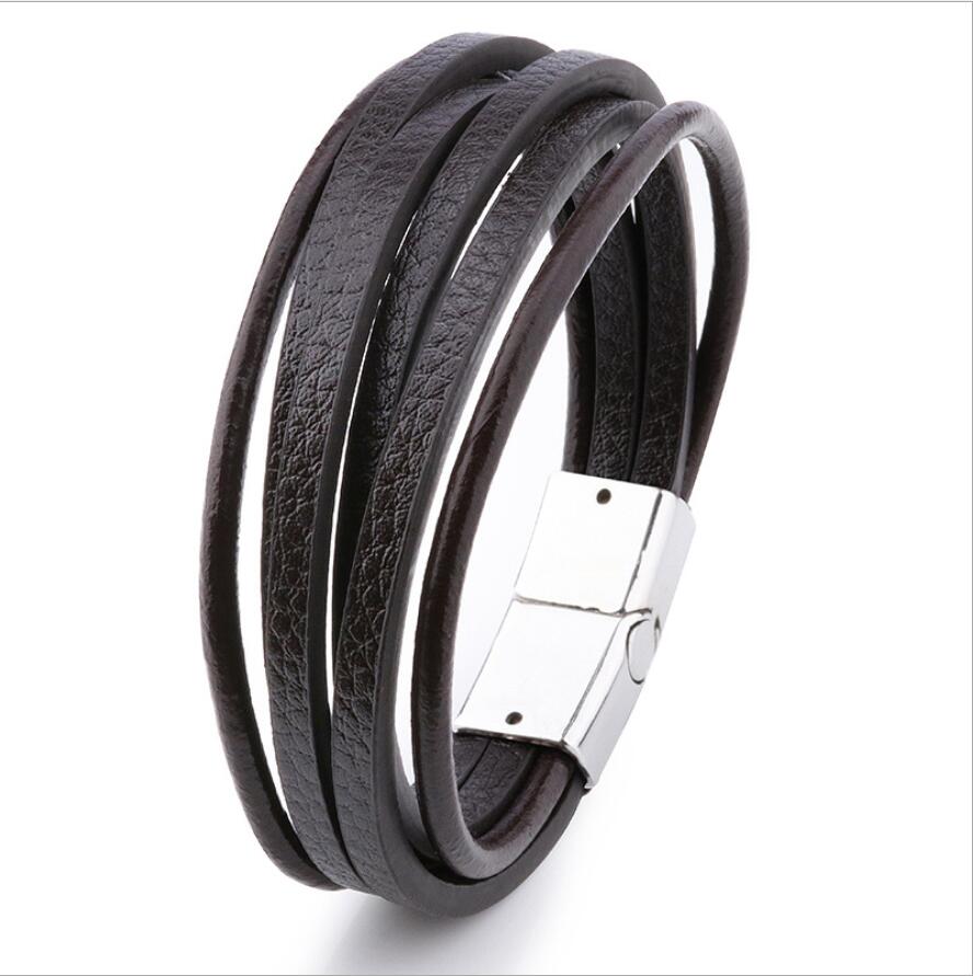 Men's Leather Bracelet Magnetic-Clasp Cowhide Braided Multi-Layer Wrap Bangle Stylish Accessory for Men
