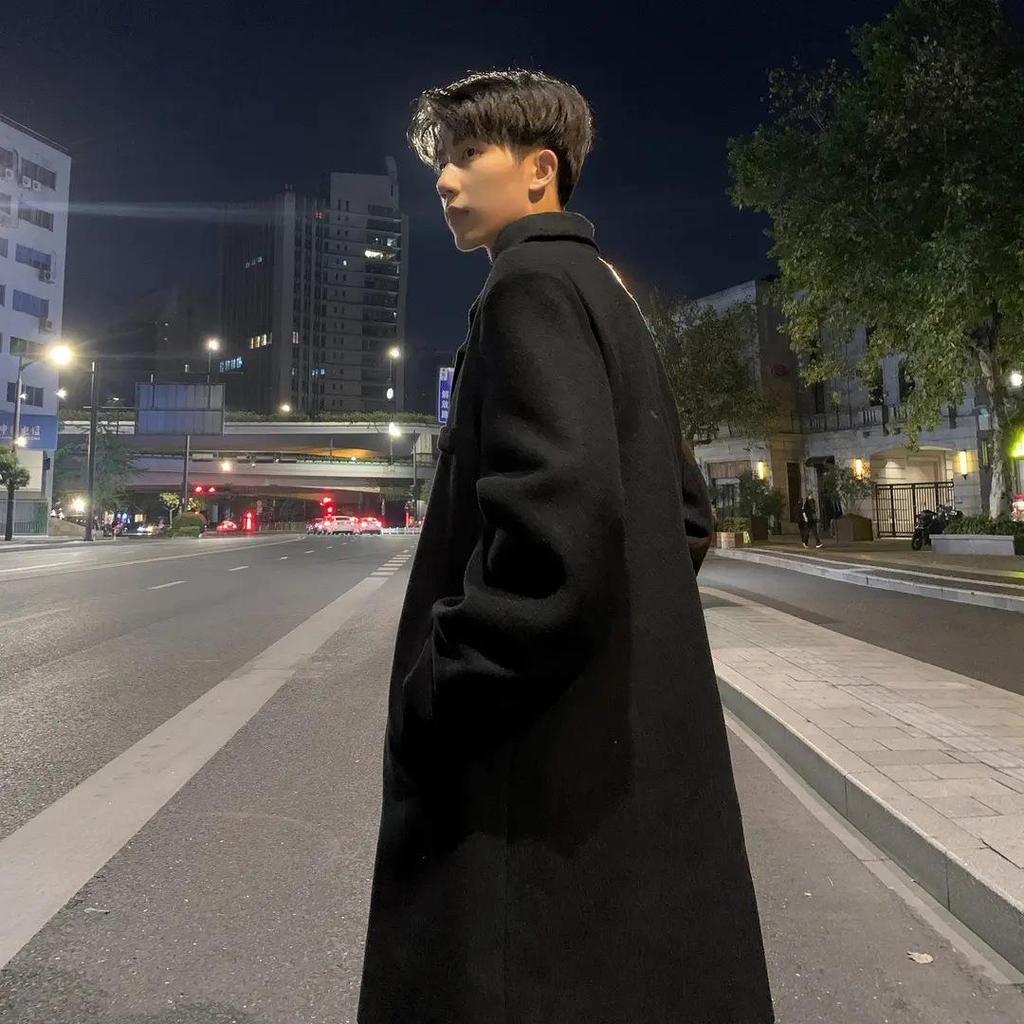 High-End Men's Grey Wool Trench Coat - Trendy, Loose, Mid-Length, Korean-Style, for Autumn and Winter