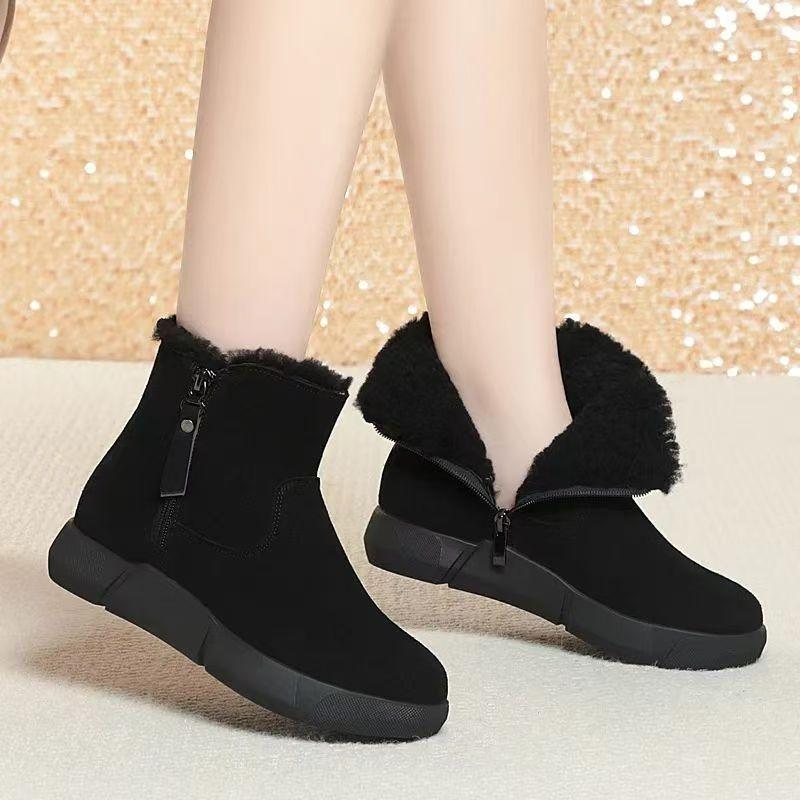New Winter Women's Leather High Top Flat Sole Wool Boots Soft Sole Non Slip Plush Warm Round Toe Snow Boots Zipper Cotton Boots
