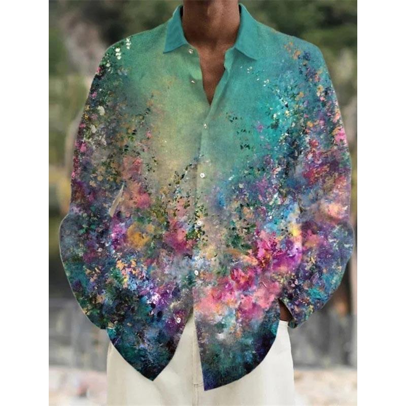 Herrenhemd Leinenhemd Blumendruck Turndown Outdoor Straße Langarm Bekleidung Leinen Mode Streetwear Designer