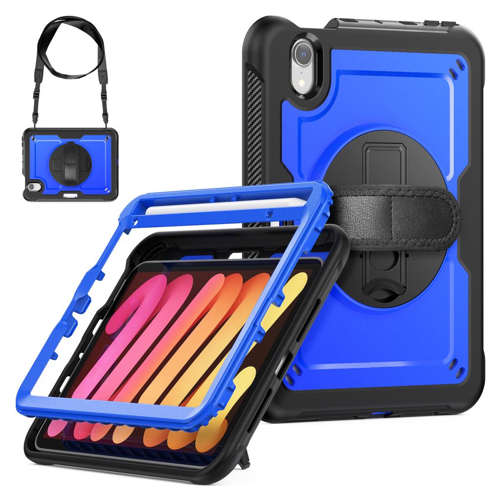 For iPad Mini (2024)/(2021) Case Kickstand PC+TPE Tablet Cover with Hand Strap and Shoulder Strap