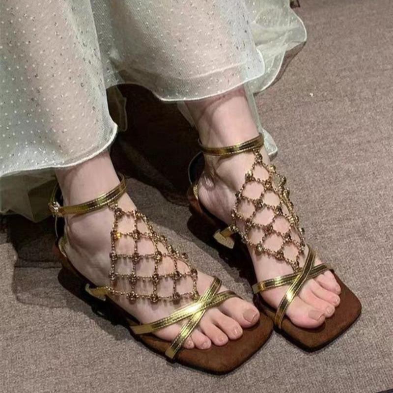 

Fashion Temperament High Heels Women Summer Square Toe Open Toe Rhinestone Metal Mesh Strap Alien Heel Roman Sandals 40 золотой