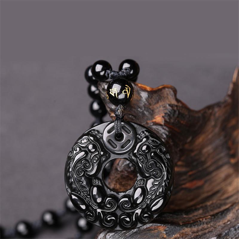Black Obsidian Pixiu Lucky Amulet Natural Stone Pendant Necklace Women Men Peace Buckle Crystal Jewelry