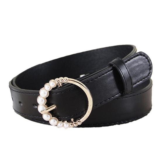 Imitation Leather Women Belt Faux Pearls Pin Buckle Adjustable Holes Design Waistband Versatile Fashion