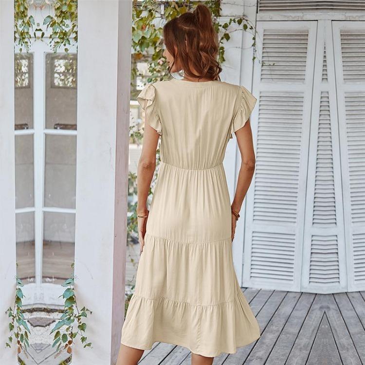Sexy V Neck Solid Color Flying Sleeve A Line Dress for Spring Summer Vacation Leisure S XL