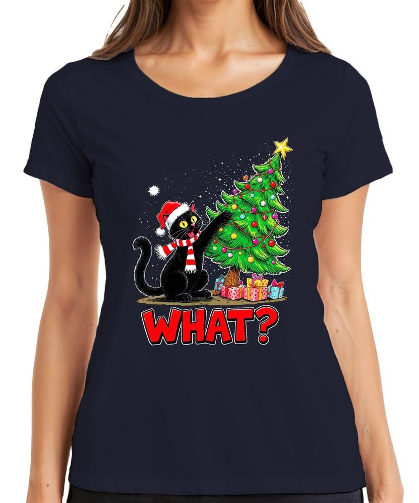 What Black Cat Christmas Funny Xmas Tree Gifts Ladies Tshirt S