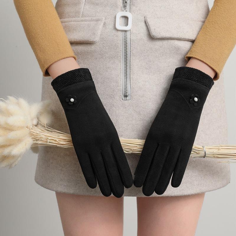 New Female Autumn Winter Non-Inverted Velvet Cashmere Full Finger Warm Lace Gloves Women Cotton Touch Screen Gloves G82