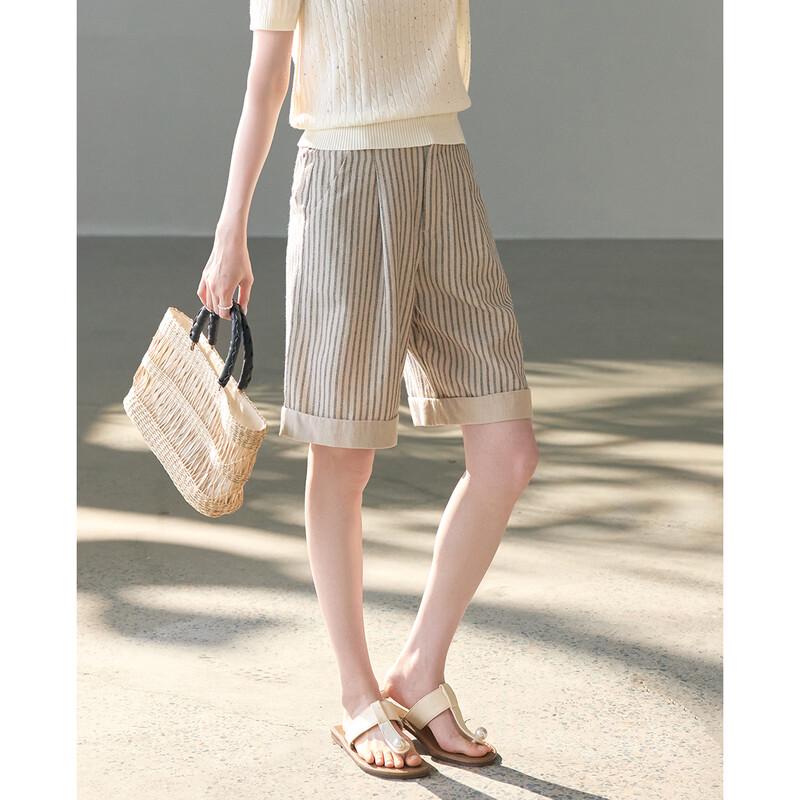 TERRE BLEUE Women s Striped Linen Blend Wide-Leg Shorts XL хаки