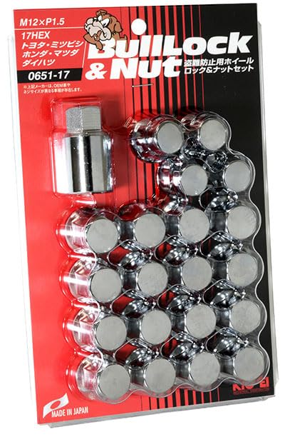 

KYO-EI Набор гаек-секреток Bull Lock, 17HEX, M12мм, P1.5мм, Хромированные, Набор из 20 штук, 0651-17, для защиты от кражи автомобилей