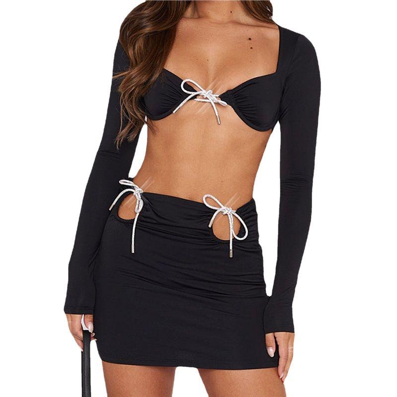European and American Women's Clothing Punk New Arrival 2024 Summer Sexy Bikini Long Sleeves Open Back Shoelace Sheath Skirt Outfit