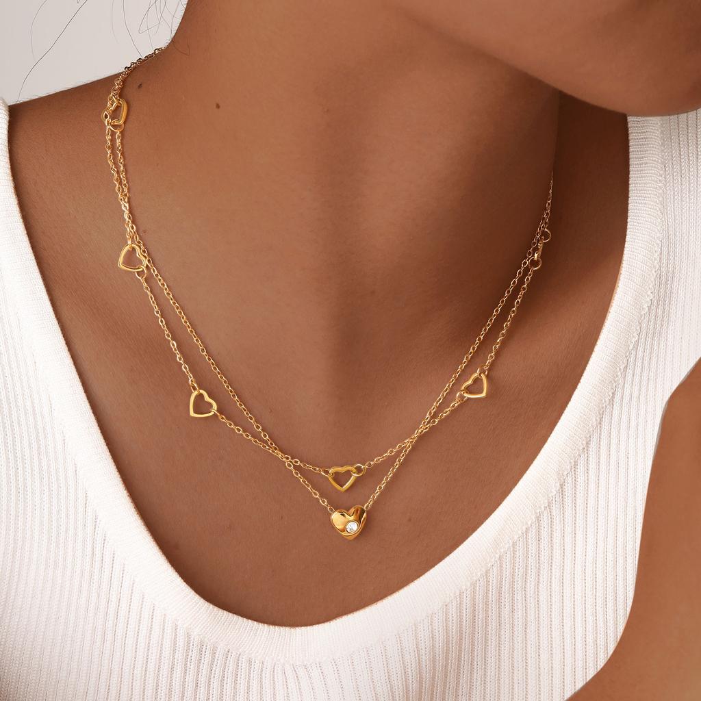 Stainless Steel Flat Cross Chain Zircon Heart Double Layer Necklace,Personalized Stacking Design Necklace,Valentine's Day Gift