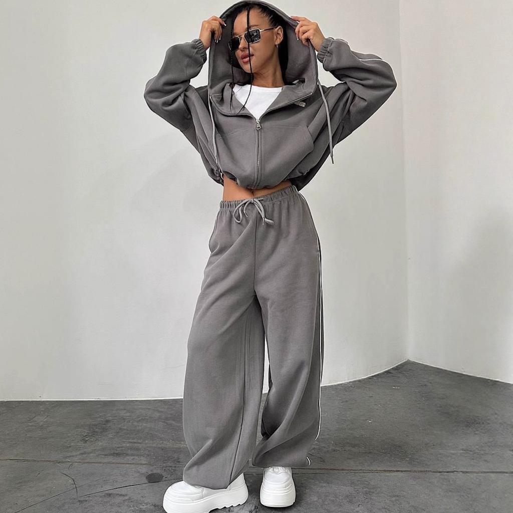 Amazon autumn and winter casual suit women's European and American hooded lace-up cardigan elastic trousers two-piece set