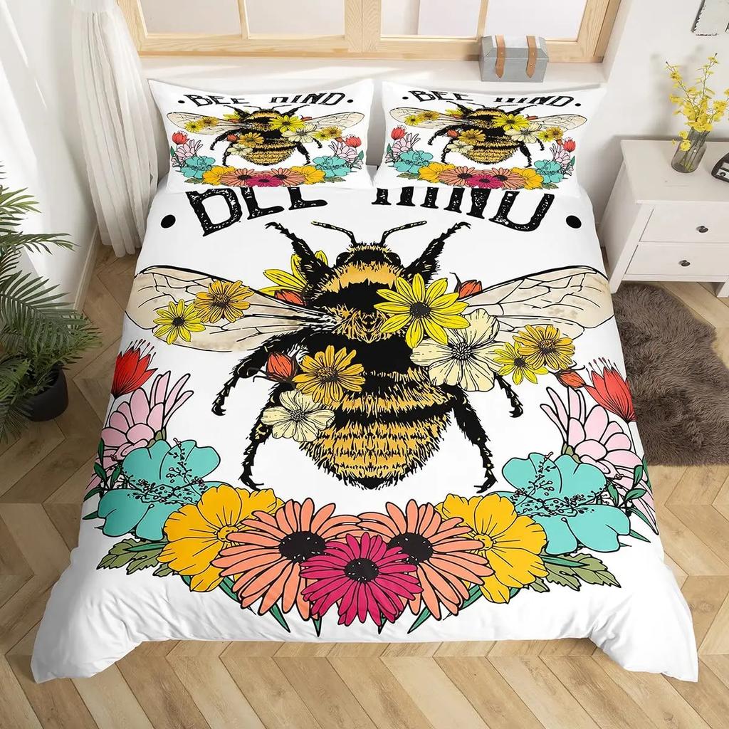 Bee And Butterfly Duvet Cover SetSpring Floral Bedding Sets For Boys GirlsColorful Flowers Country Style Comforter Cover Queen