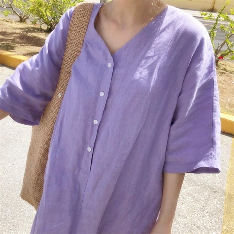Casual cotton and linen skirt summer large size long over knee women s V-neck dress women s skirt S фиолетовый